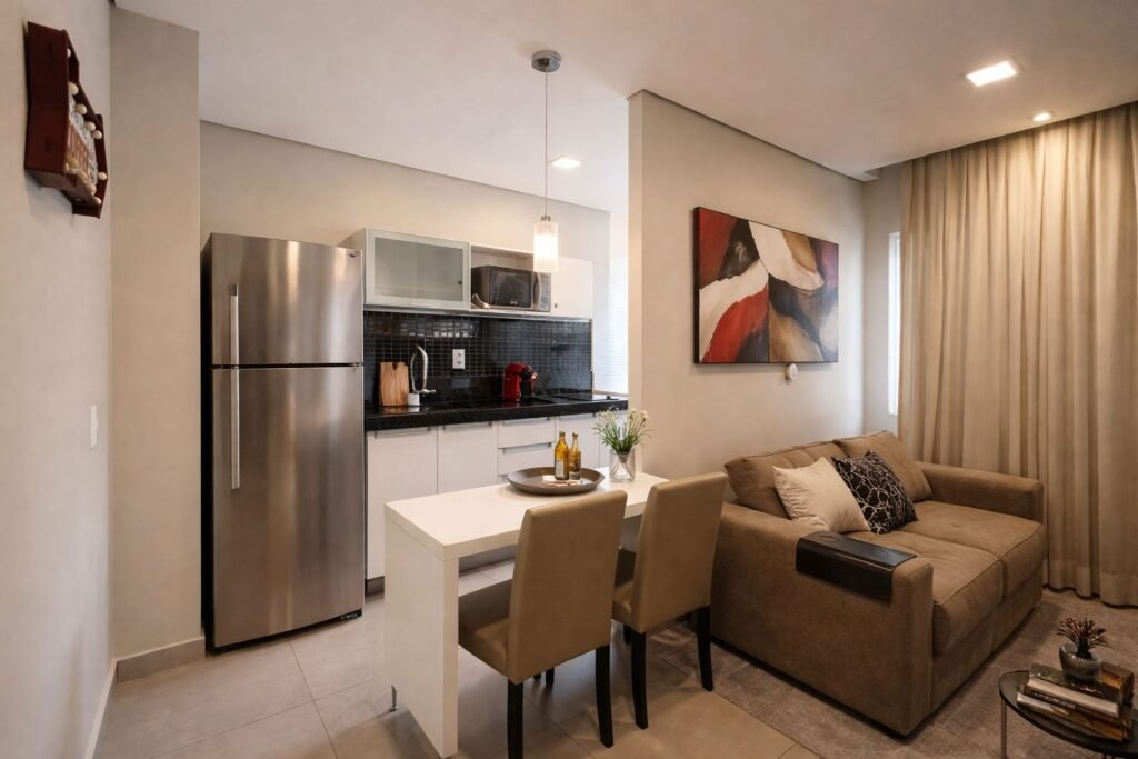 Sala com sofá, mesa de jantar e cozinha equipada no Flat Jardins III