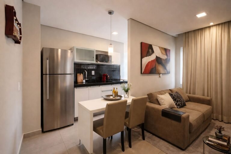 Sala e cozinha equipada em apartamento mobiliado do Flat Jardins III