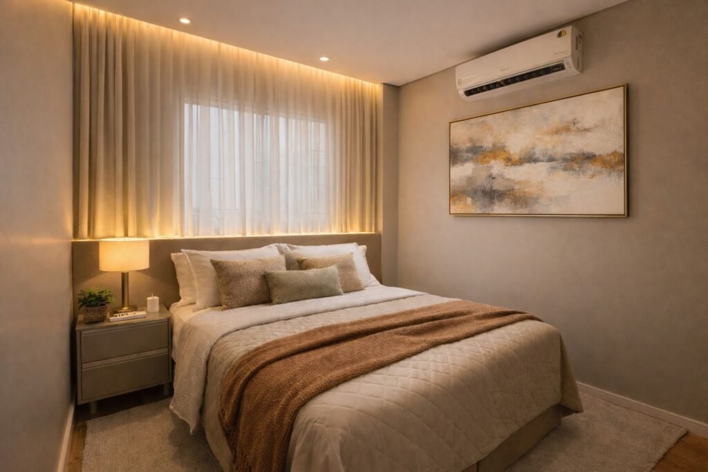 Quarto com cama de casal, luz quente e ar-condicionado em um apartamento do Flat Jardins